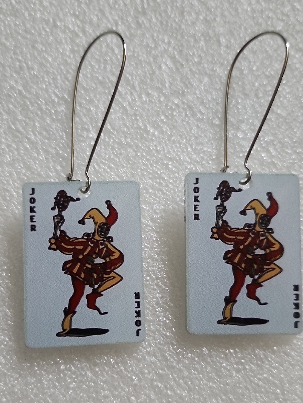Hand Crafted Joker Playing Card Earrings in White, Red, Yellow, Brown